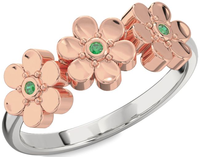 Emerald Silver & 10K Rose Gold Flower Ring