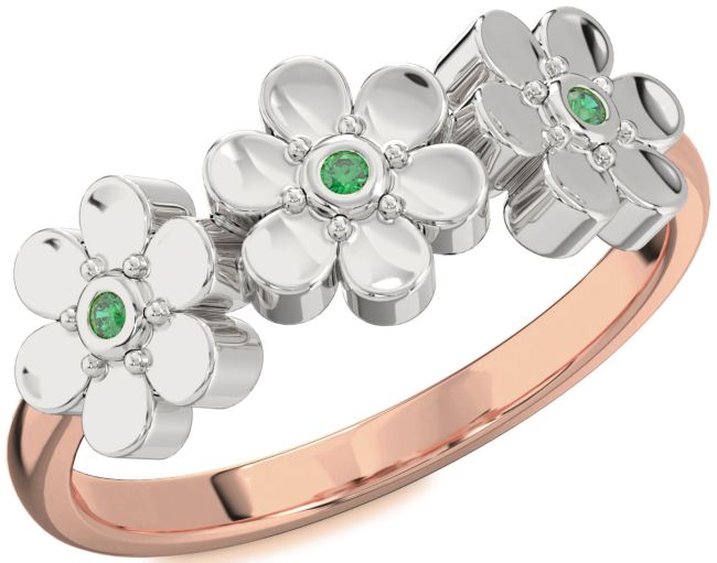 Emerald Rose Gold Silver Flower Ring