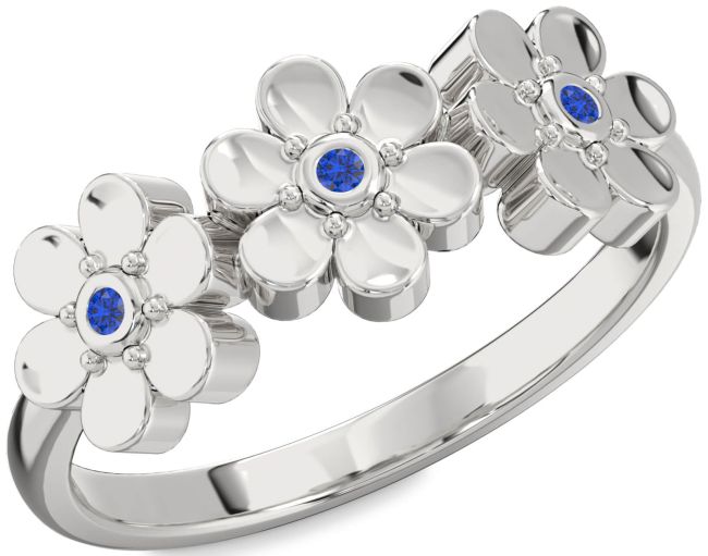 Blue Sapphire Silver Flower Ring