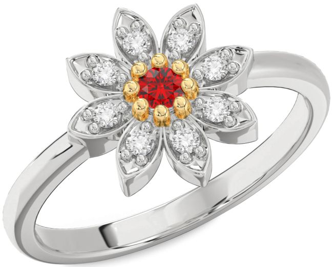 Diamond Ruby Silver & 10K gold Flower Ring