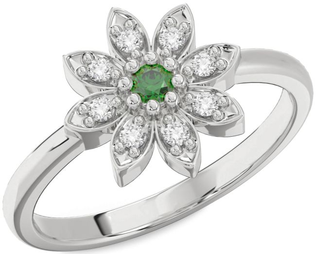 Diamond Emerald White Gold Flower Ring
