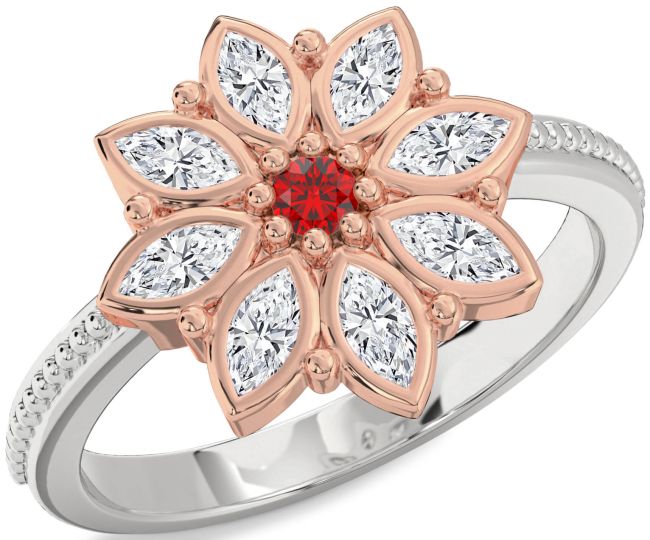 Diamond Ruby White Rose Gold Flower Ring