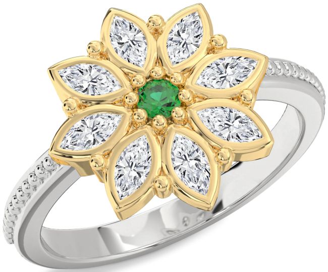 Diamond Emerald Silver & 10K gold Flower Ring