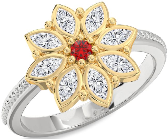 Diamond Ruby Gold Silver Flower Ring