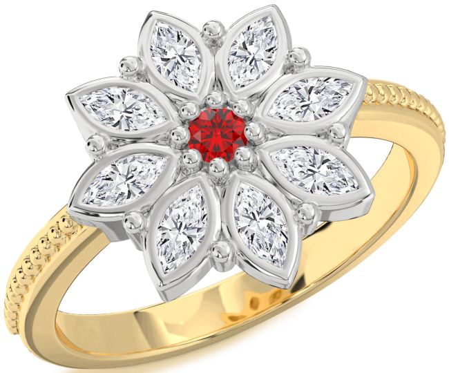 Diamond Ruby Gold Silver Flower Ring