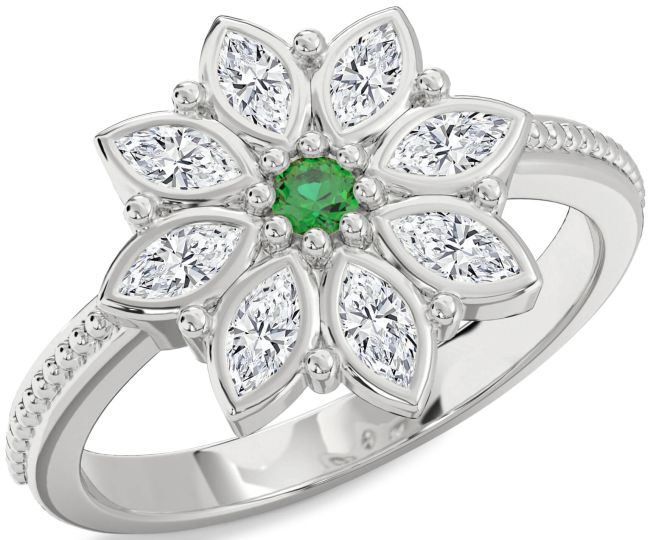 Diamond Emerald Silver Flower Ring