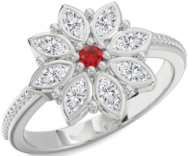 Diamond Ruby White Gold Flower Ring