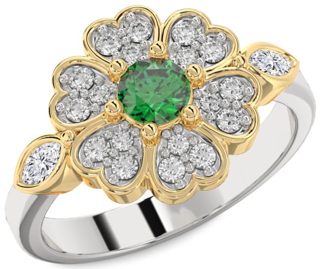 Diamond Emerald Gold Silver Flower Heart Ring