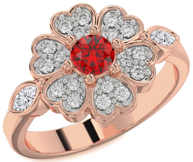 Diamond Ruby Rose Gold Flower Heart Ring