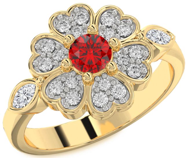 Diamond Ruby Gold Flower Heart Ring