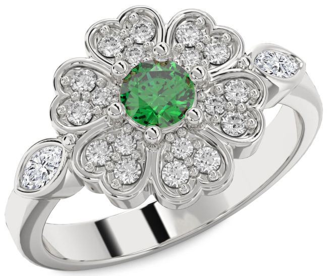 Diamond Emerald Platinum Flower Heart Ring