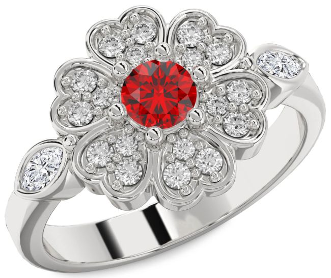 Diamond Ruby White Gold Flower Heart Ring