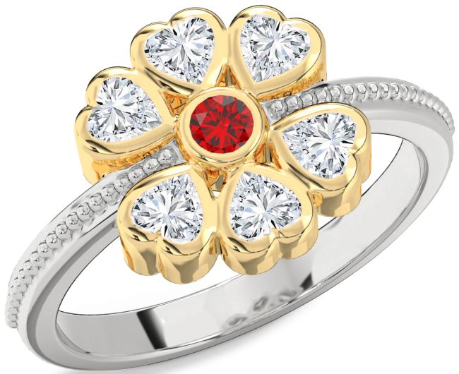 Diamond Ruby Platinum & Yellow Gold Flower Heart Ring