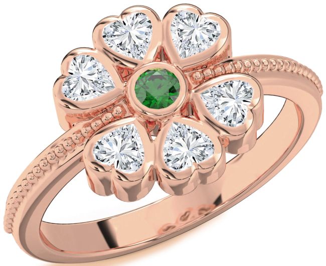 Diamond Emerald Rose Gold Silver Flower Heart Ring