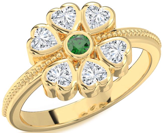 Diamond Emerald Gold Silver Flower Heart Ring