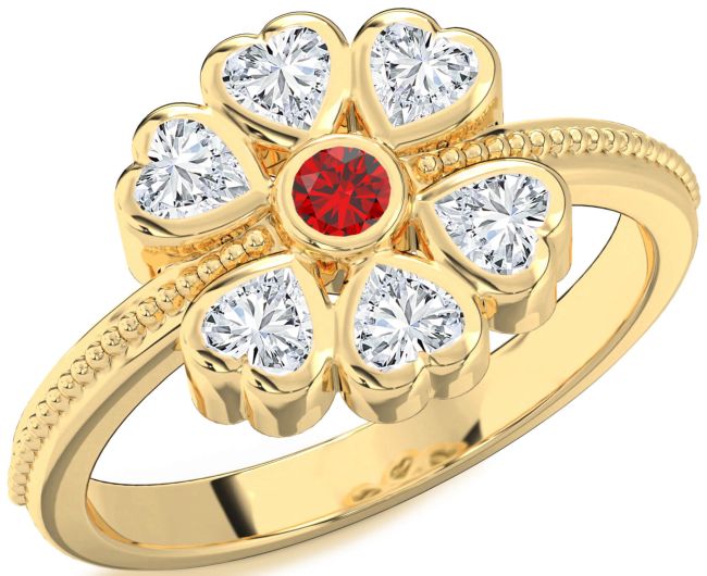 Diamond Ruby Gold Flower Heart Ring