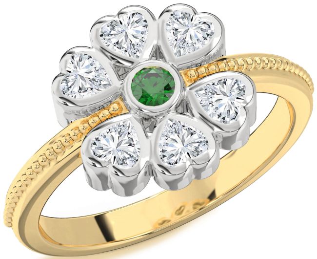 Diamond Emerald Gold Silver Flower Heart Ring