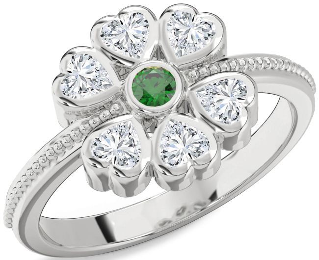 Diamond Emerald Platinum Flower Heart Ring