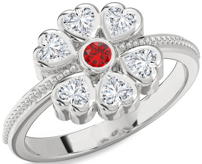 Diamond Ruby White Gold Flower Heart Ring