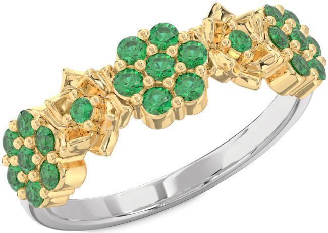 Emerald Silver & 10K gold Flower Ring