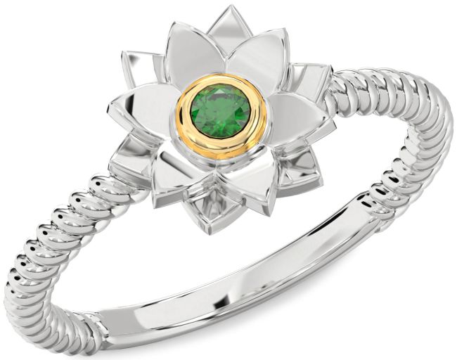 Emerald Silver & 10K gold Flower Ring