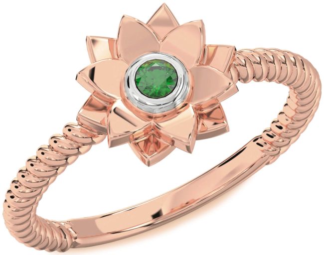 Emerald Rose Gold Silver Flower Ring