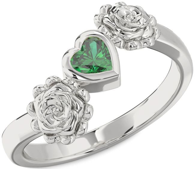 Emerald Silver Flower Heart Promise Ring