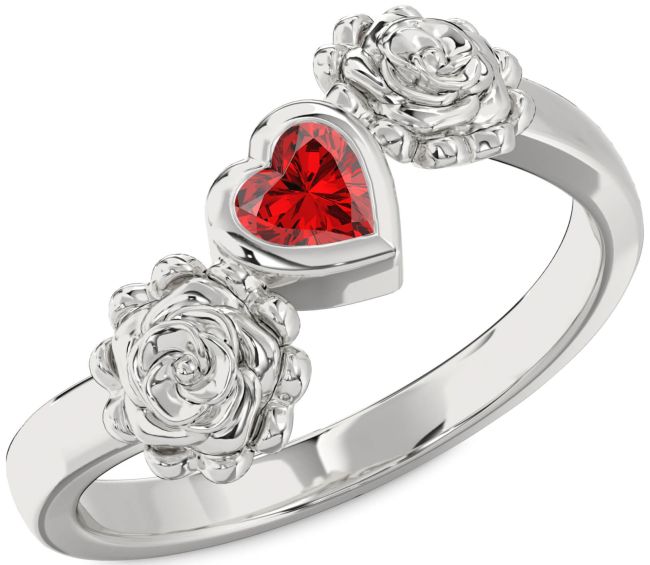 Ruby Silver Flower Heart Promise Ring