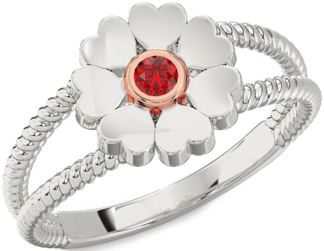Ruby White Rose Gold Flower Heart Ring