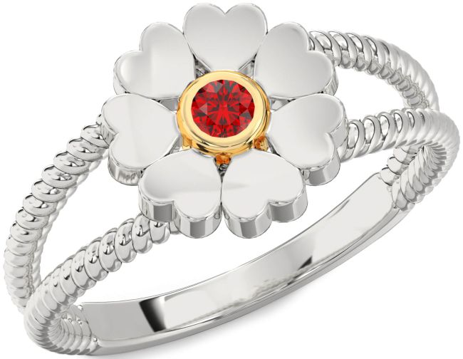 Ruby Gold Silver Flower Heart Ring