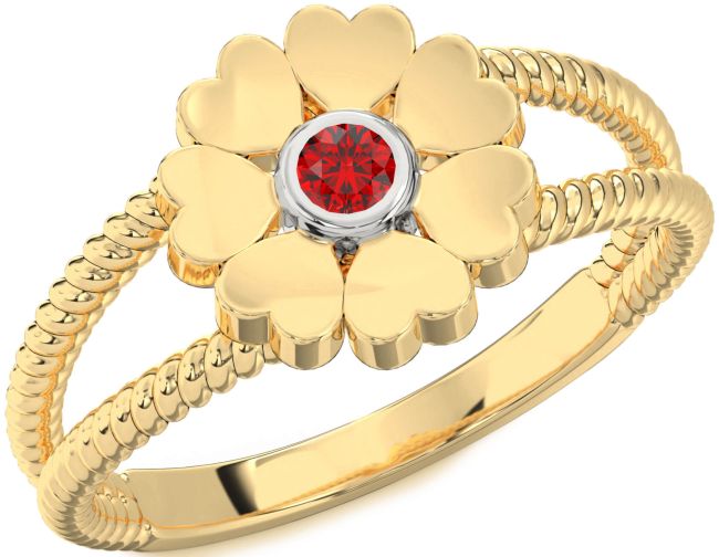 Ruby Gold Silver Flower Heart Ring