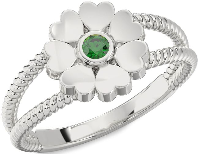 Emerald Silver Flower Heart Ring