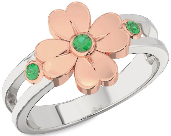 Emerald White Rose Gold Flower Ring