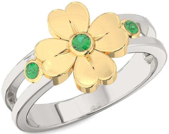 Emerald Gold Silver Flower Ring