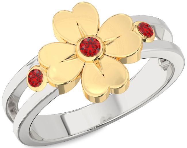 Ruby White Yellow Gold Flower Ring
