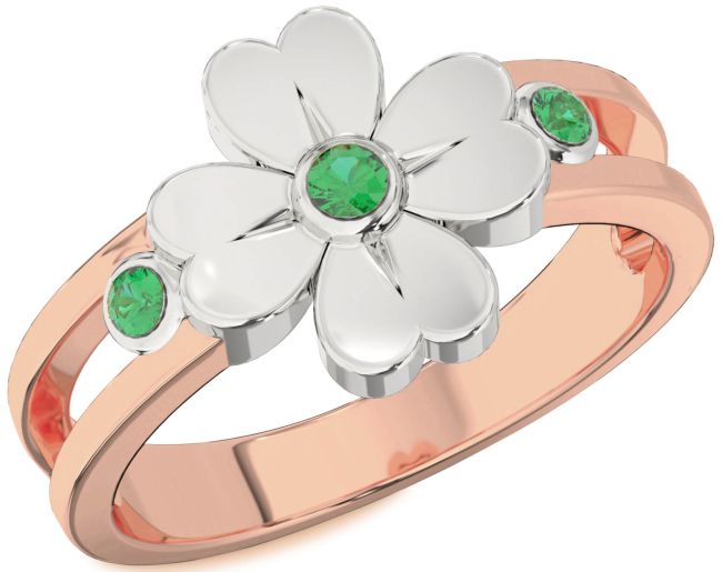 Emerald White Rose Gold Flower Ring