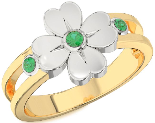 Emerald Gold Silver Flower Ring