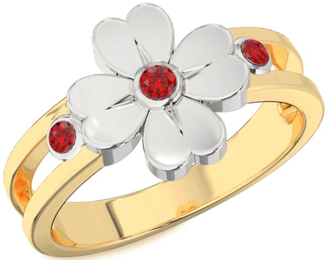 Ruby White Yellow Gold Flower Ring