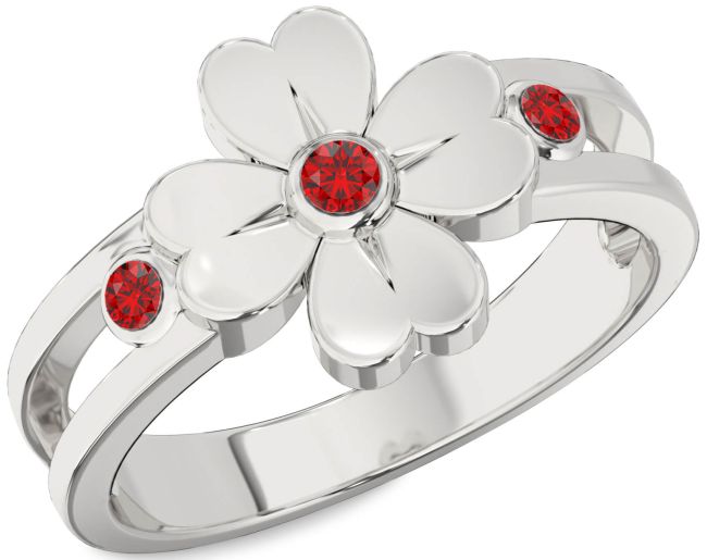 Ruby Silver Flower Ring