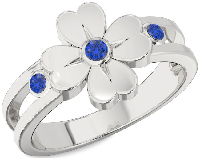 Blue Sapphire Silver Flower Ring