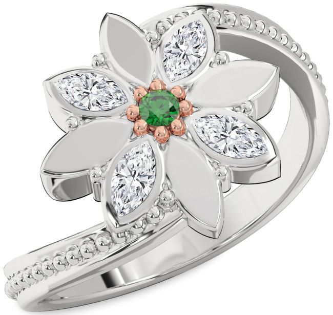 Diamond Emerald Silver & 10K Rose Gold Flower Ring