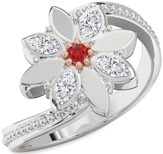 Diamond Ruby White Rose Gold Flower Ring