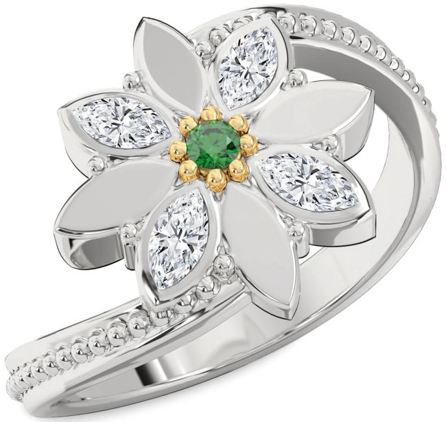 Diamond Emerald Silver & 10K gold Flower Ring