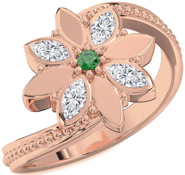Diamond Emerald Rose Gold Flower Ring