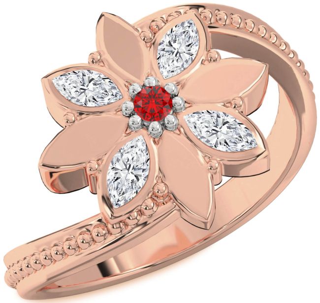 Diamond Ruby White Rose Gold Flower Ring