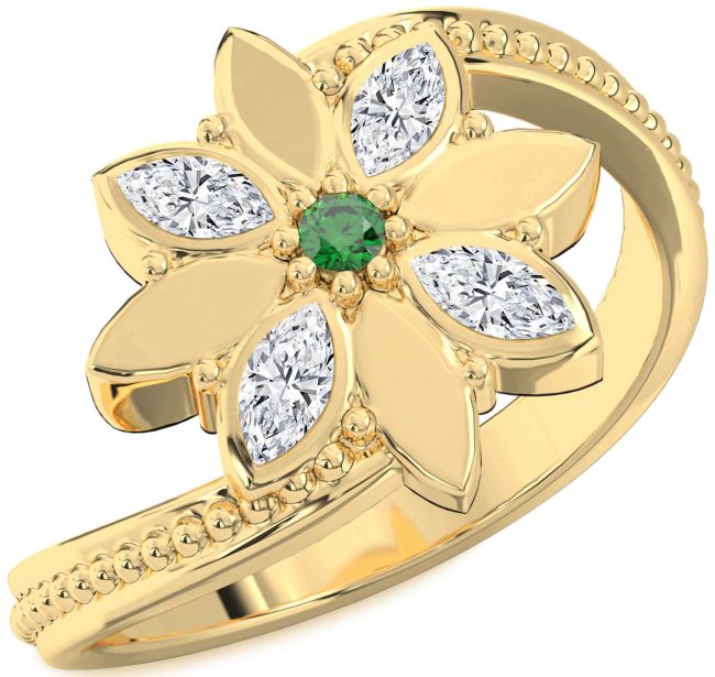 Diamond Emerald Gold Flower Ring