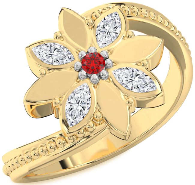 Diamond Ruby Gold Silver Flower Ring