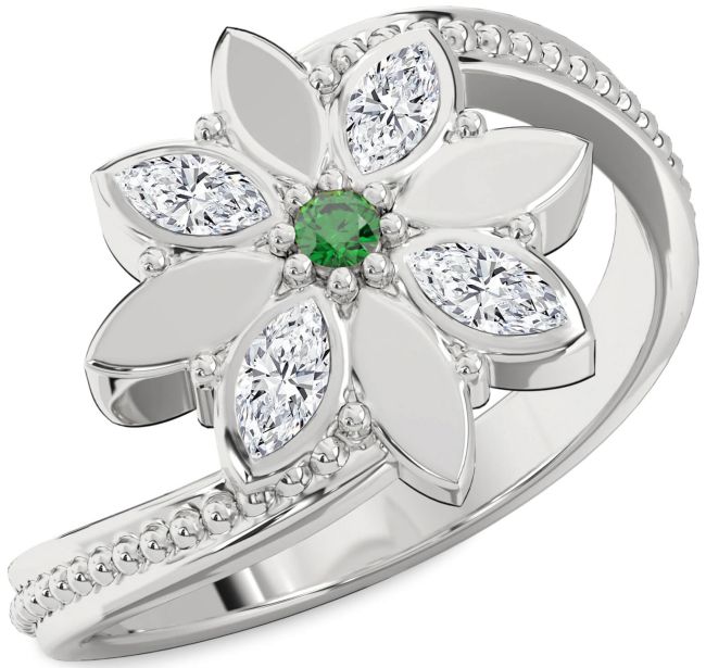 Diamond Emerald Platinum Flower Ring