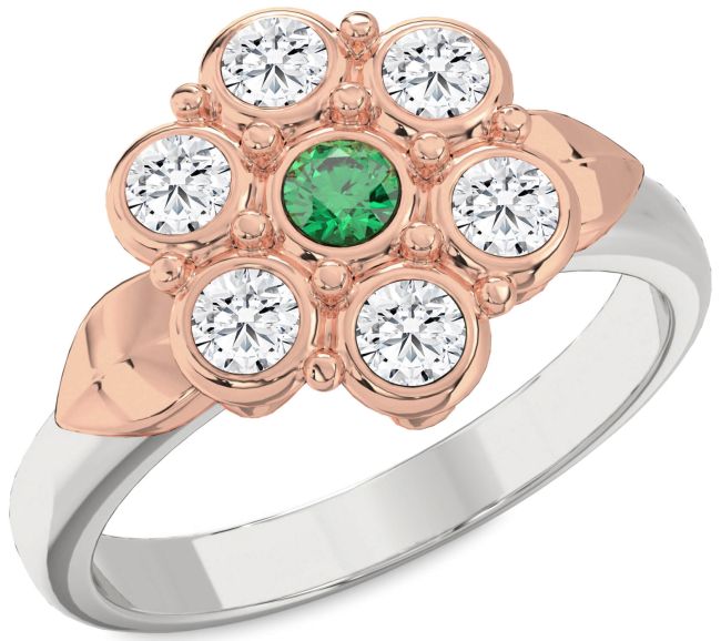 Diamond Emerald White Rose Gold Flower Ring