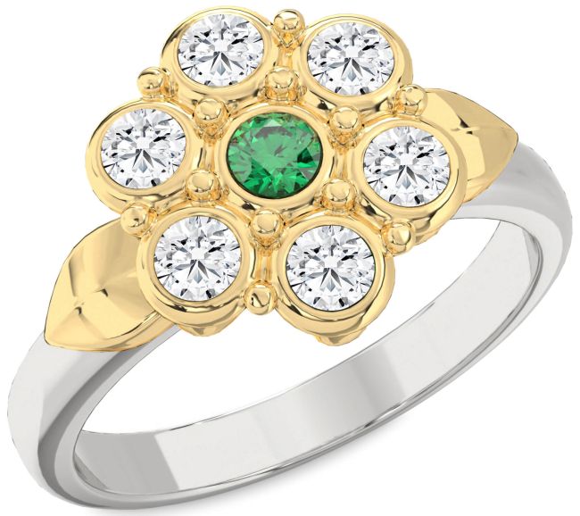 Diamond Emerald Gold Silver Flower Ring